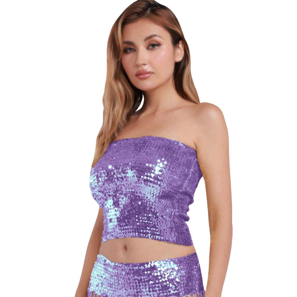 3502 Girls Shiny Sequin Tube Top Sexy Strapless Stretchy Crop Vest Chest